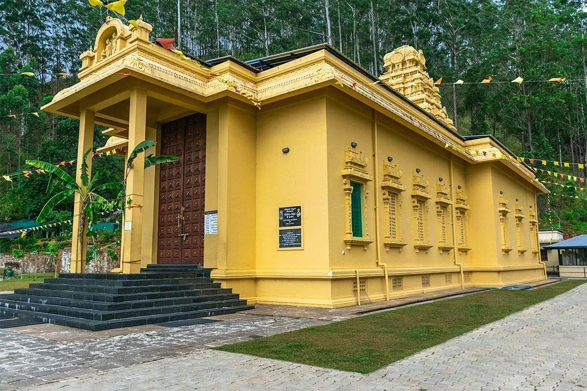 Sri Bhakta Hanuman Temple against the hills of Ramboda